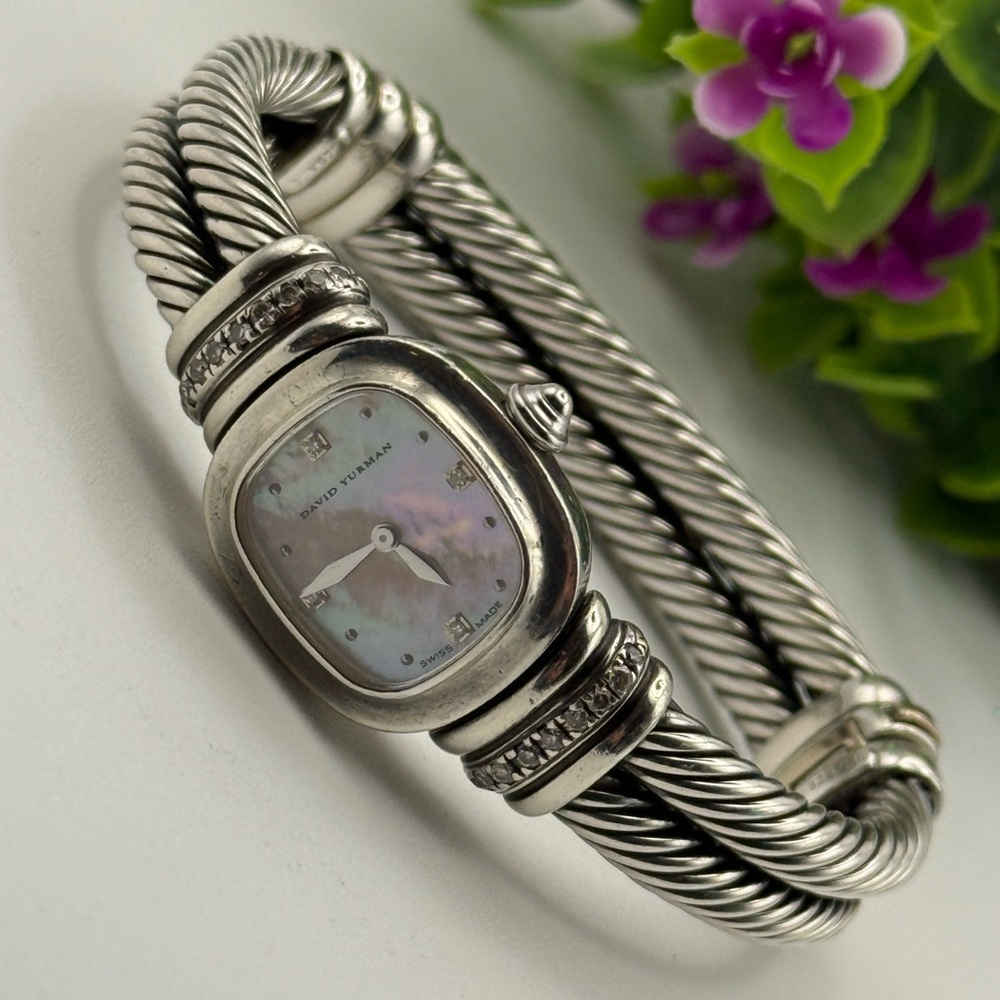 David Yurman Sterling Silver 925 18K Gold Pink MOP Diamonds Cable Watch *Read
